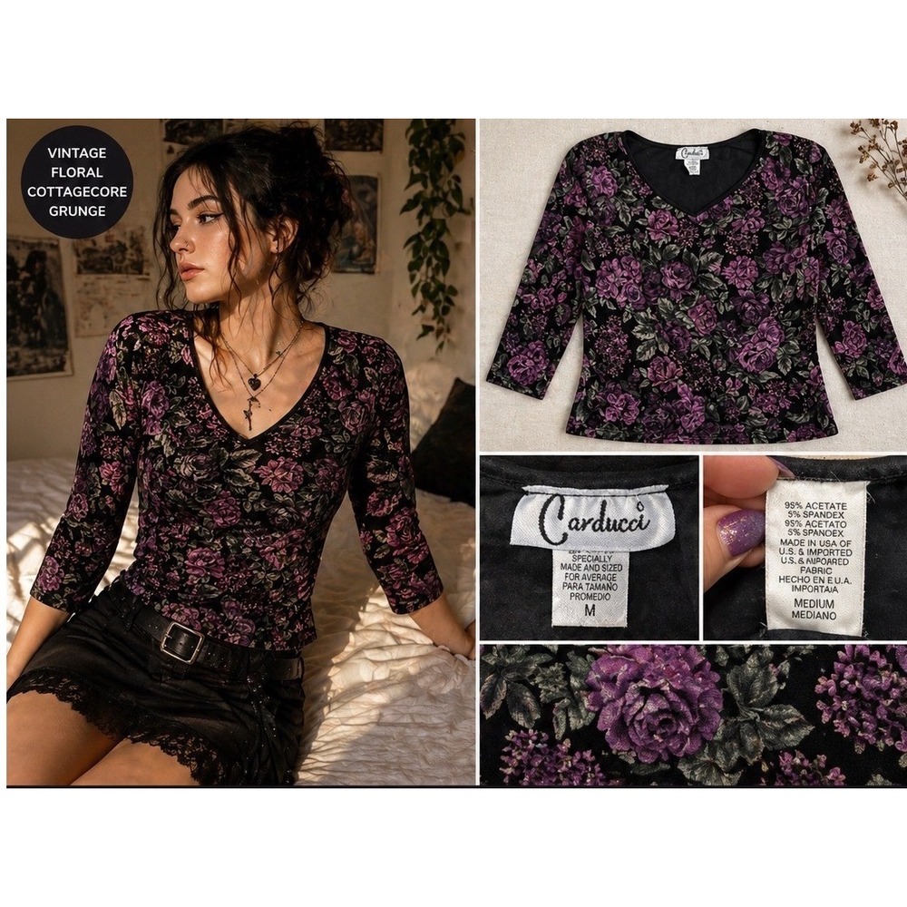 Vintage 90s Carducci Floral V-Neck Top M Black Purple 3/4 Sleeve Made In USA